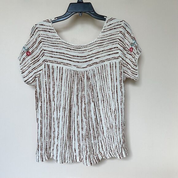 Savanna Jane Top Women's Med Cream Embroidered Floral Square Neck Short Sleeve - Picture 3 of 5